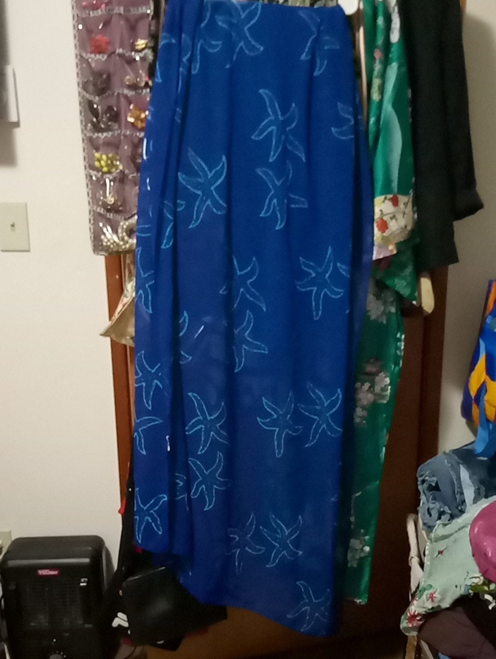 Blue Starfish Print Chiffon Scarf, Cover Up, Sarong